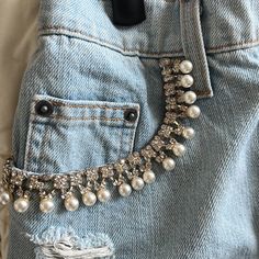 Bought Fron Lf, Super Unique One Of A Kind Type Pair Of Denim Shorts. I Havent Seen A Single Pair Like Them. Nwt Jean Hacks, Closet Clothes Storage, Female Clothes Outfits, Denim Scraps, Denim Embroidery, Denim And Diamonds, Diy Clothes Design, Denim Ideas, Jean Crafts