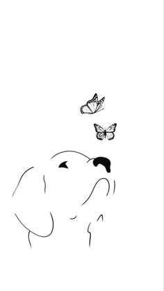 a black and white drawing of a dog with two butterflies flying above it