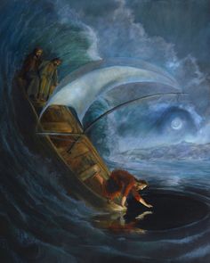 a painting of two people on a boat in the ocean with a moon behind them