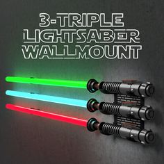 three lightsaber wallmounts with the words 3 - triple light saber wall mount