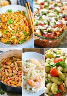 four different pictures of food including pasta, shrimp and vegetables in various dishes with chopsticks