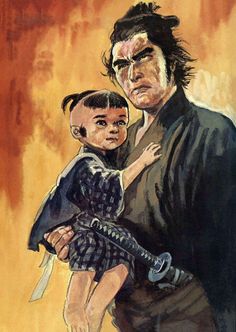 a drawing of a man holding a child in his arms and looking at the camera