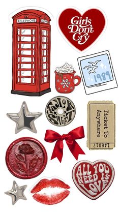 various stickers and magnets are arranged in the shape of a red phone booth