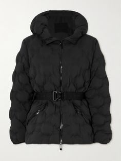 Moncler's 'Adonis' jacket offers the warmth of puffy styles, while offering a distinct texture with its honeycomb-like quilting throughout. It's made from durable, lightweight ripstop in a slightly loose shape and has a waist-cinching, elasticated belt featuring the logo. The generous hood offers protection and the down filling ensures insulation. Black Luxury Quilted Puffer Jacket, Luxury Black Quilted Puffer Jacket, Luxury Quilted Outerwear For Outdoor, Luxury Quilted Puffer Jacket For Cold Weather, Luxury Quilted Hooded Outerwear, Adonis Belt, Moncler Jacket Women, Luxury Outerwear, Moncler Women