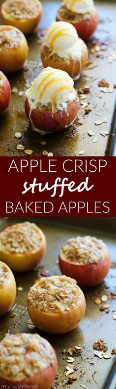 apple crisp stuffed baked apples on a baking sheet with text overlay that reads, apple crisp stuffed baked apples