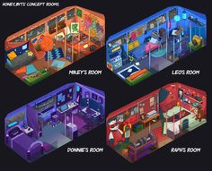 three different rooms are shown in this cartoon style, each with their own bedroom and living room