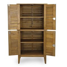 an open wooden cabinet with shutters on the doors