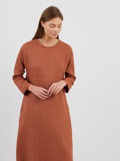 "JENNA is a loose fitting long sleeve midi dress. DETAILS - Midi length - Crew neckline - A line shape - Side seam pockets - Long sleeve - Cut and sewn to order just for you in our studio MATERIAL - Soft and durable blend of 85% linen and 15% wool, with a weight of 230gsm COLOR - Wool Rust SIZING & FIT - Relaxed, loose fit - Model is 5'10\" / 178cm and wearing a size S CARE FOR LINEN WOOL BLEND - Machine wash up to 30ºC/86ºF gentle cycle - Lay flat to dry or tumble dry low - Warm iron if needed - Do not bleach SIZE GUIDE Size conversion guide Size XS (US 0-2, IT 36-38, UK 4-6, Japan 3-5, France 32-34) Size S (US 4-6, IT 40-42, UK 8-10, Japan 7-9, France 36-38) Size M (US 8-10, IT 44-46, UK 12-14, Japan 11-13, France 40-42) Size L (US 12-14, IT 48-50, UK 16-18, Japan 15-17, France 44-46) Si Sleeve Midi Dress, Long Sleeve Midi, Long Sleeve Midi Dress, Dress Clothes For Women, Body Measurements, Midi Length, Wool Blend, Fitness Models, A Line