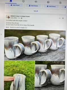 several photos of coffee mugs sitting on a table with grass in front of them