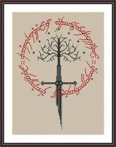 "Narsil Tree of Gondor is a pattern, not the completed work. The crowned white tree of Gondor wrapped in the riddle of the strider which states \"Ash nazg durbatulûk, ash nazg gimbatul, Ash nazg thrakatulûk agh burzum-ishi krimpatul. --------------------------------------------------------------- One ring to rule them all, one ring to find them, One ring to bring them all and in the darkness bind them.t\" On 14-count aida the design measures 10.00w X 13.71h inches / 25.40w X 34.83h cm / 140w X 1 Tree Of Gondor Cross Stitch, Lotr Cross Stitch, White Tree Of Gondor, Tree Of Gondor, Tapestry Ideas, The Riddle, Pixel Art Grid, Cross Stitch Bookmarks, In The Darkness