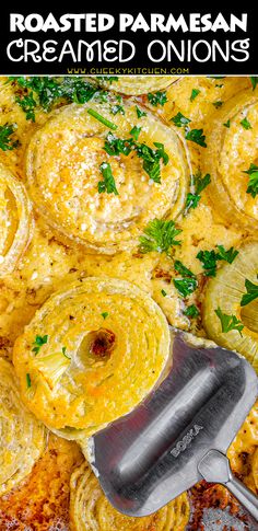 roasted parmesan cremed onions on a baking sheet