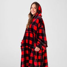 Hate having to get up and leave the warmth of a throw behind? Now you can wear the same super soft plush and patterns you love while staying warm throughout the house. Carstens Inc. | Carstens Inc. Premium Wearable Hooded Blanket Hoodie w / Pocket & Sleeves, Red Buffalo Plaid black / redPolyester | 36" W X 44" L | Wayfair Red Hoodie With Pockets For Outdoor, Red Winter Hoodie With Pockets, Red Buffalo Plaid, Blanket Hoodie, Hooded Blanket, Duvet Comforters, Buffalo Plaid, Get Up, Soft Plush