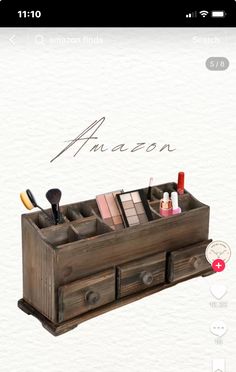 an image of a wooden drawer with cosmetics and makeup products in it on the screen