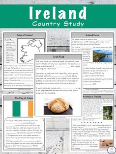 the ireland country study is shown with pictures and information about its location in this poster