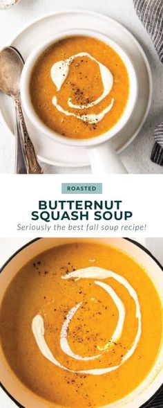 roasted butternut squash soup Roasted Squash Soup, Creamy Butternut Squash Soup, Butternut Squash Soup Recipe, Creamy Butternut Squash, Butternut Soup, Fall Fun Food, Granny Smith Apple, Butternut Squash Recipes Soup, Seasoned Veggies