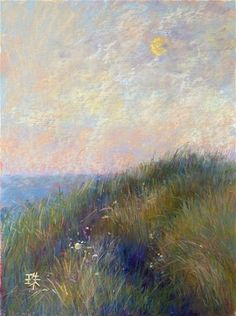 an oil painting of grass and flowers by the ocean