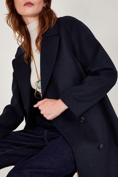 Reality check: It's coat season. This double breasted coat features a structured silhouette, designed with recycled wool for an unmatchable soft finish. Its navy hue pairs with denim and work trousers, and even complements sparkly dresses when layered over the top during festive season.As part of the journey to make our clothes kinder to the world around us, this item was made using more sustainable raw materials, such as organic cotton, recycled polyester and viscose from responsibly grown forests. Sparkly Dresses, Petite Coat, Work Trousers, Cold Weather Outfits, Sparkly Dress, Reality Check, Double Breasted Coat, Petite Tops, Over The Top