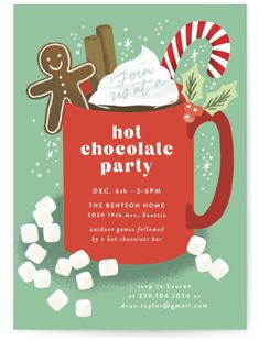 a hot chocolate party with marshmallows and a gingerbread on the side