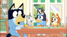 three cartoon characters sitting at a table eating food