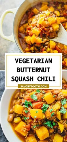 vegetarian butternut squash chili in a white bowl with a spoon and title overlay