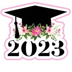 a graduation sticker with flowers and a mortar cap on it's side that says 202