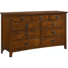 a wooden dresser with many drawers and handles on it's sides, against a white background