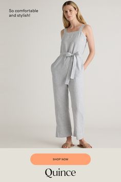 One and done. Just add accessories for an effortlessly cool utilitarian-chic look. Our square-neck linen jumpsuit from our best-selling European linen collection couldn’t be simpler with adjustable shoulder straps and self-tie belt for a perfect fit. Did we mention it’s also super comfy, breathable, and lightweight?  | Quince | Women's 100% European Linen Square Neck Jumpsuit in Blue Pinstripe, Size Small Summer Workwear Jumpsuits And Rompers With Adjustable Straps, Spring Linen Jumpsuits And Rompers For Work, Summer Linen Belted Jumpsuits And Rompers, Casual Linen Belted Jumpsuits And Rompers, Chic Linen Jumpsuits And Rompers With Tie Waist, Spring Linen Belted Jumpsuits And Rompers, Summer Linen Jumpsuits And Rompers With Adjustable Straps, Casual Linen Jumpsuits And Rompers For Work, Chic Linen Jumpsuits And Rompers With Pockets