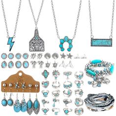 PRICES MAY VARY. Package included: you will get 67 pieces western jewelry set, including 4 pieces turquoise pendant necklaces, 13 piece turquoise bracelets, 20 pieces turquois rings and 15 pairs turquoise earrings. Turquoise jewelry set that can add new highlights to your outfit. Premium material: our women turquoise Jewelry are made of hypoallergenic 316L stainless steel, nickel-free and lead-free. The surface is polished with excellent texture the earring look very shiny and smooth. 316L stain Simple Western Jewelry, Western Christmas Wishlist, Cowgirl Christmas List, Teal Jewelry Western, Tourqouis Jewelry, Western Jewelry Necklace, Teal Jewelry, Turquoise Jewelry Set