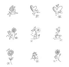 six different drawings of flowers and hearts