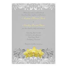 a wedding card with yellow orchids on the front and silver swirls on the back