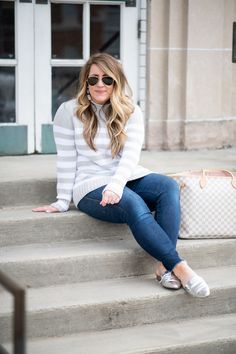 J.Crew Jeans Featured by top US fashion blog Coffee Beans and Bobby Pins; Image of a woman wearing J.Crew jeans, Ray Ban sunglasses, J.Crew sweater, DSW shoes and Sugarfix earrings from Target. Daily Uniform, Striped Sweaters, Dsw Shoes, Coffee Sweater, Fitness Wear Outfits