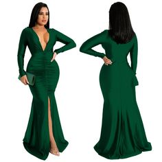 Long Sleeve V Neck Elegant Split Fishtail Dress Elegant Dresses With Mermaid Hem For Fall, Elegant Mermaid Hem Dress For Fall, Long Sleeve Green Mermaid Dress For Prom, Green Long Sleeve Mermaid Evening Dress, Green Fishtail Maxi Dress For Party, Fitted Mermaid Hem Dresses For Fall, Green Long Sleeve Mermaid Dress, Green Fitted Fishtail Maxi Dress, Fitted Green Fishtail Maxi Dress