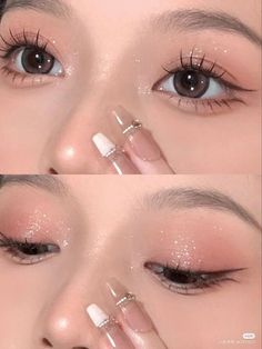 Asian Prom Makeup, Makeup With Eyeshadow, Sparkly Eye Makeup, Applying Eyeshadow, Angel Makeup, Good Makeup, Ideas De Maquillaje Natural, Sparkly Makeup, Douyin Makeup