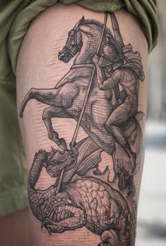 St George Dragon Tattoo, Dragon Engraving Tattoo, Medieval Dragon Tattoo Sleeve, St George Tattoo Design, St George And The Dragon Tattoo, Dragon Knight Tattoo, Dragon Tattoo Medieval, Saint George And The Dragon Tattoo, Greek Horse Tattoo