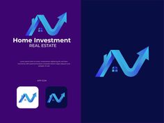 the home investment real estate logo is shown in blue and purple colors, with an arrow pointing