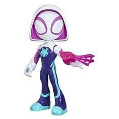 an action figure with purple hair holding a pink object