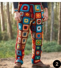 Crochet Granny Square Mens Trousers 100% Hand Knitted  Please Choose the number of the crochet pants  style you like at check out  🎉🛍️ Get Ready for a Delightful Treat! 🛍️🎉 🌟 30% OFF SALE HAS BEGUN! 🌟 Step into a world of style with our exclusive sale. Grab your favorites now and save big while stocks last! See more of our Men's knit pants here:  https://www.etsy.com/shop/CHANDAKA?ref=seller-platform-mcnav&section_id=31709631 See the rest of our store here:  https://www.etsy.com/shop/CHAND Granny Square Trousers, Granny Pants, Boho Clothing Men, Crochet Trousers, Crochet Mens, Pants For Man, Crochet Retro, Mens Poncho, Boho Festival Outfit