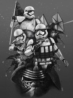 some kind of artwork that looks like star wars characters with flags and helmets on their heads