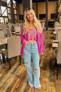 #womensfashion #womensoutfit #outfitinspo #outfits #blazer #sequin #matchingset #jeans #Showmeyourmumu #trendy #ootd #Outfits #whattowear #holidayoutfit #newyearsoutfit #chic #sparkle #bold #widelegjeans #slitjeans #oversized Pink Sequin Top Outfit, Sequin Top Outfit, Sequins Top Outfit, Outfits Blazer, Pink Sequin Top, Hot Pink Blazer, Hot Pink Blazers, New Years Outfit