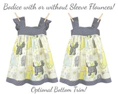 two dresses with elephants on them and the words, bedie with or without sleee