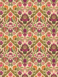 an old fashioned wallpaper with flowers and leaves on it's sides, in pinks