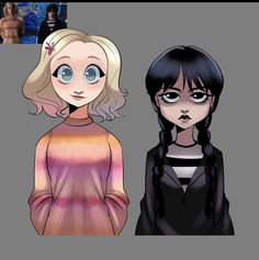 two cartoon girls with different hair styles and blue eyes, one is wearing a pink sweater