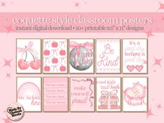 a set of pink and white cards with the words congratulate style classroom posters