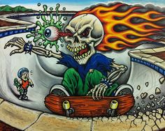 a drawing of a skeleton riding a skateboard with flames coming out of his mouth