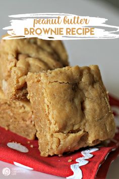 peanut butter brownie recipe on a red napkin with the title in the middle above it