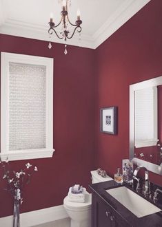 a white toilet sitting next to a bathroom sink under a window in a red wall