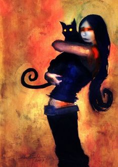 a painting of a woman holding a black cat