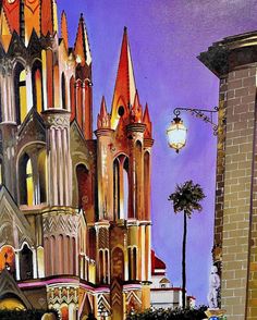 a painting of an old church in the city at night with street lights and palm trees