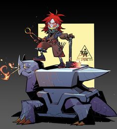 a cartoon character standing on top of a table next to an object with fire coming out of it