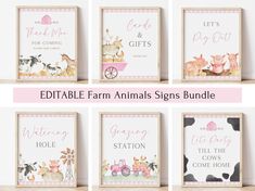 six farm animals signs are displayed in four different frames with the words, editable farm animals signs bundle